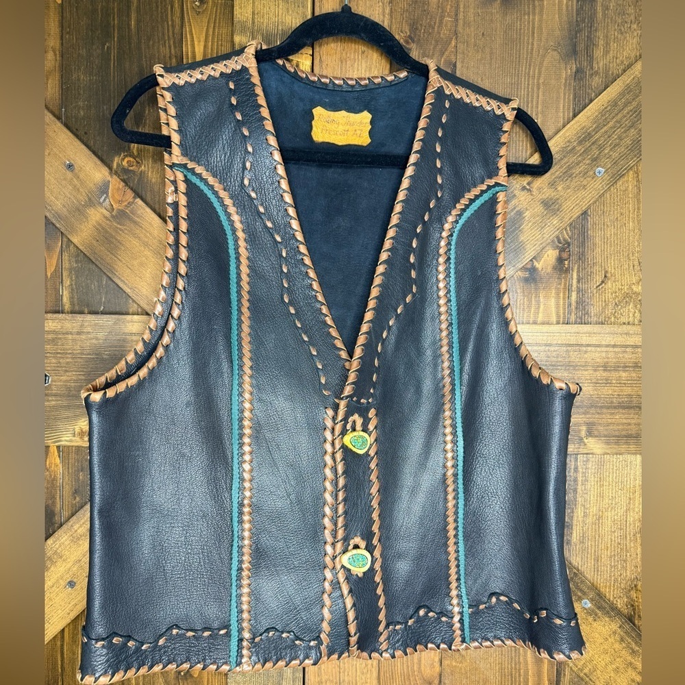 ROLLING THUNDER Artisan Leather Vest Antler Buttons with Turquoise Chips Sz L
